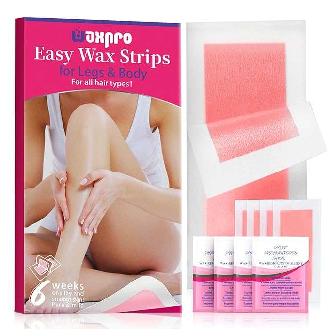 Waxpro Easy Wax Strips for Hair Removal - 60 Counts, 4 Soothing Wipes, No Heat Needed, Quick & Effective Face & Body Waxing Strips for Women, Perfect for Eyebrows, Lip, Leg & Body Hair Removal (Red)