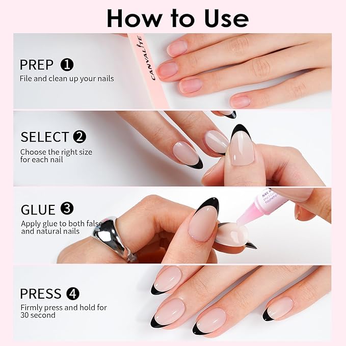 Canvalite French Tip Press On Nails, 30Pcs Short Almond Press on Nails Reusable Acrylic Fake Nails with Glue & Glue Remover Easy to Use Manicure Kit for Women, White