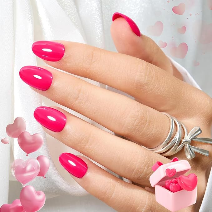 Modelones Press on Nails Short, Valentines Oval Fake Nails, Reusable Nail Kit with Nail Glue Adhesive Tabs Mini Nail File, Nails Press Ons 32Pcs 16Sizes, Women Girl Gift, Chrome Pink