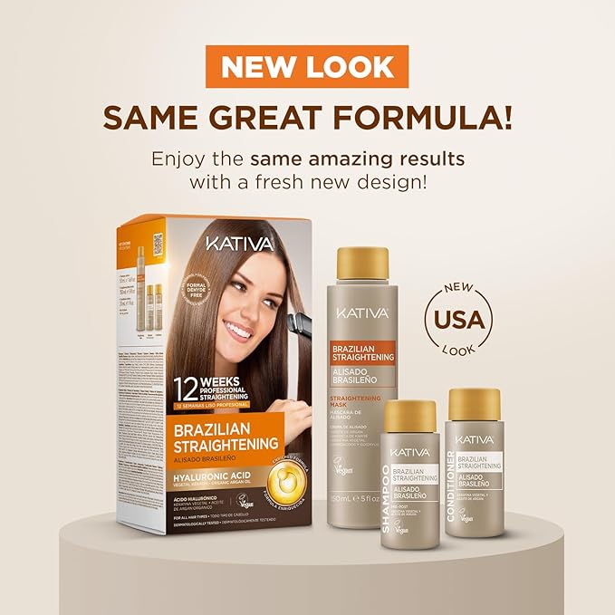 KATIVA Brazilian Keratin Treatment Kit at home Formaldehyde Free Hair Straightening with Hyaluronic Acid, Up to 12 Weeks Frizz Control for Curly, Wavy, Frizzy Hair (Straightening Kit)
