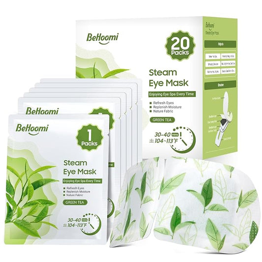 BeHoomi 20 Packs Steam Eye Mask, Heated Eye Mask Warm Compress for Eyes, Disposable Self Heating Steam Mask Sleep, Spa, Travel Essentials & Relaxation Gifts for Women, Stocking Stuffers (Green Tea)