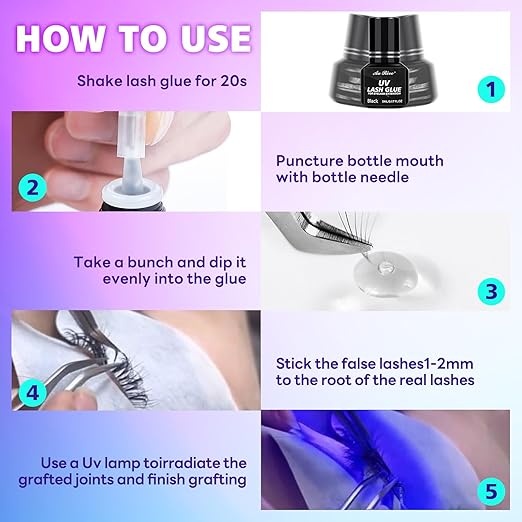 UV Eyelash Glue UV Glue 5ml DIY Lash Extensions 1 Sec Light Curing Fast-Drying 7-8 Weeks Long Lasting Waterproof Professional Use Only (Purple)
