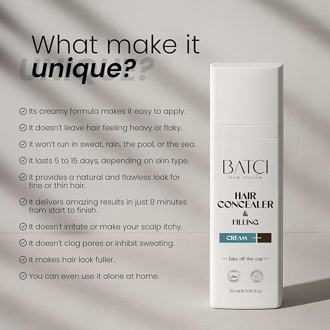 Batci Hair Concealer Cream for Thinning Hair & Bald Spots - Non-Fiber Scalp Concealer Root Touch-Up for Men & Women, Sweat/Water Resistant, One Shade for Black Brown & Grey Hair 1 fl oz (30ml)
