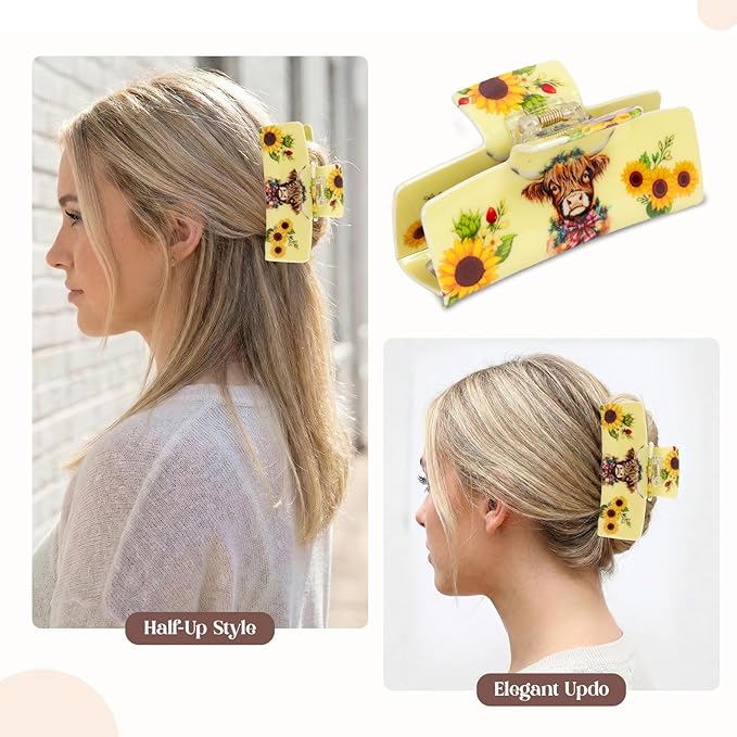 Medium Hair Claw Clips with Cow Sunflower Design, Jaw Clip for Hair, Non-Slip Strong Hold Hair Clamps for Thick & Thin Hair, Animal Hair Accessories for Women Daily Wear, Travel, Party Decor