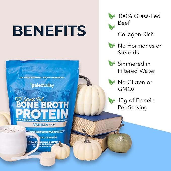 Paleovalley 100% Grass Fed Beef Bone Broth Protein Powder - Rich in Collagen Peptides for Hair, Skin, Gut Health, Bone and Joint Support - 13g Protein Per Serving - No Gluten or GMOs - Vanilla