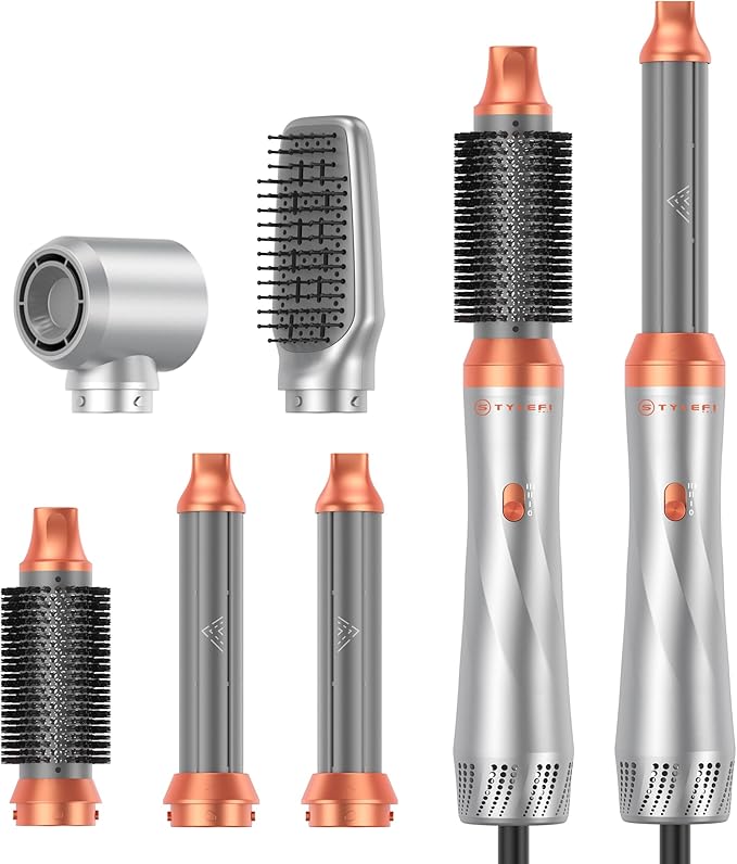 5 in 1 Blow Dryer Brush,110-120V Hair Dryer Brush, Fast Drying & 3 Adjustable Temperatures Hot-Air Hair Brushes, Detachable Hair Styler Set for Curling/Volumizing/Straightening/Styling (Silver-Orange)
