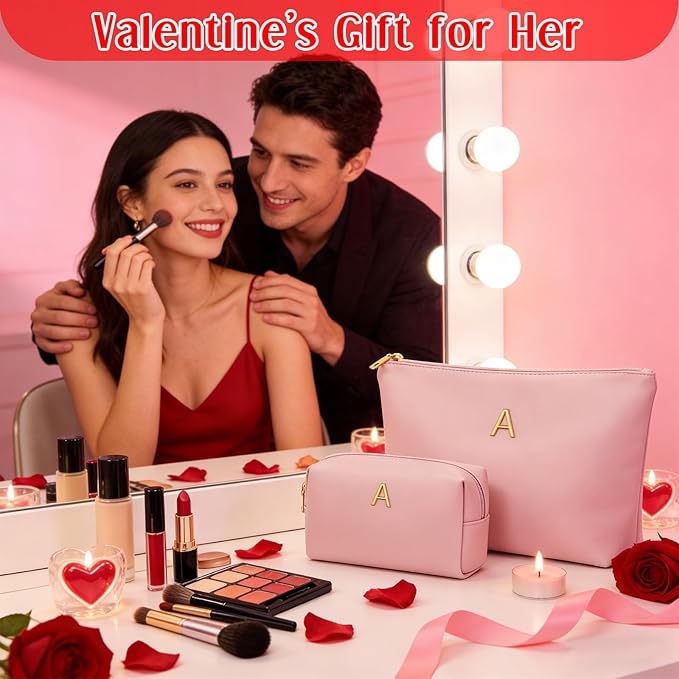 Valentine's Day Gifts for Women Girlfriend Initial Makeup Bag for Teen Girls Personalized Gifts for Friend Teacher Mom Wife Cosmetic Travel Toiletry Bag(Pink,B)