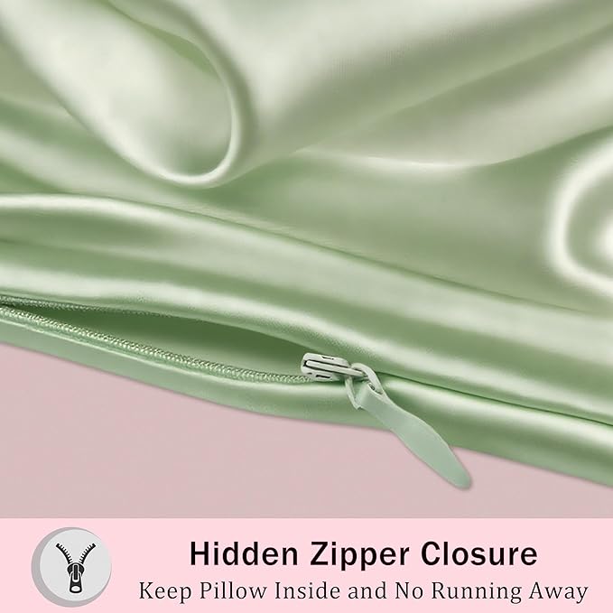 Mulberry Silk Pillow Cases with Zipper, Ultra Smooth Soft Breathable Cooling Pillow Cases for Hot Sleepers, Silk Satin Pillowcase for Hair and Skin, Gifts for Women (Sage Green, Standard Size, 1 Pack)