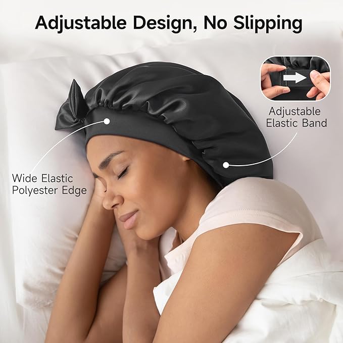 Double-Sided 22 Momme 100% Real Mulberry Silk Bonnet for Sleeping Women, Large Hair Care Bonnet for Long Curly Hair, Double Layer Silk Wrap with Soft Elastic Band, Non-Slip Sleep Cap, Jet Black