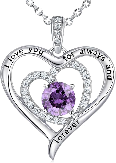 S925 Sterling Silver Necklace for Women, Valentines Day Gifts for Her, Love Heart Birthstone Necklaces for Women, Wife Jewelry, Mom Birthday Valentines Mothers Day Gifts, Girlfriend Necklaces, Daughter Heart Jewel, Anniversary for Her