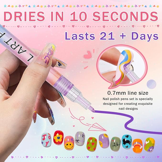 IONSGAKO 12 Colors Nail Art Pens Set, Nail Art Markers Polish Pens for Nail Art Quick Drying 3D Acrylic Paint Markers for Painting Dotting Liner Pen Nail Salon DIY Design Kit 0.5mm
