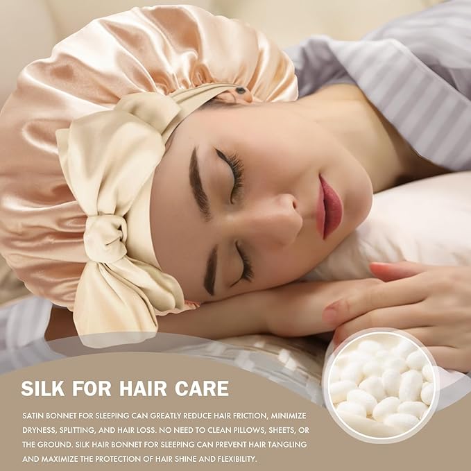 Silk Bonnet for Sleeping Women, Adjustable Soft Satin Lined Bonnet with Tie Band, Double Layer Sleep Night Cap