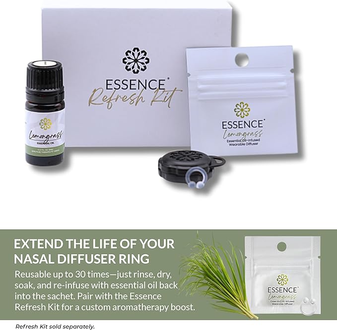 Essence Wearable Aromatherapy Nasal Diffuser – Lemongrass Essential Oil Nose Ring Silicone Inhaler for Stress & Mood Support - Made in USA & Travel-Friendly