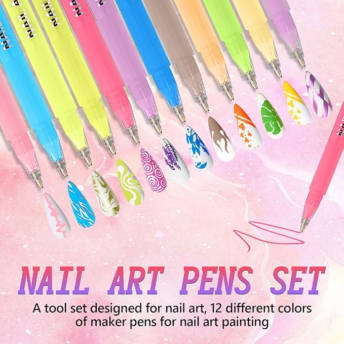 12 Colors Nail Art Pens Set, 2026 Upgraded Nail Art Markers Polish Pen Quick Dry, 0.5 MM Nail Polish Pens Set, Waterproof and Quick-drying Nail for DIY Nails Art Design Manicure Tools