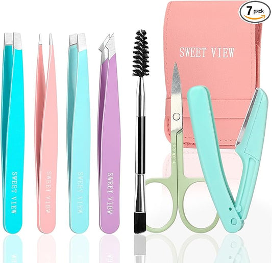 SWEET VIEW 7pcs Eyebrow Tweezers Kit for Women Precision Plucker with Brow Scissors & Razor & Spoolie for Facial, Chin, Brow, Splinter and Ingrown Hair