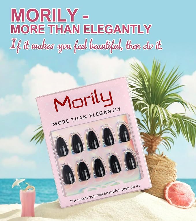 Morily Black Press on Nails Almond, 30Pcs Short Fake Nails Glossy Acrylic False Nails Reusable Full Cover Stick on Nails for Women, 15 Sizes, Thicker Fingertips