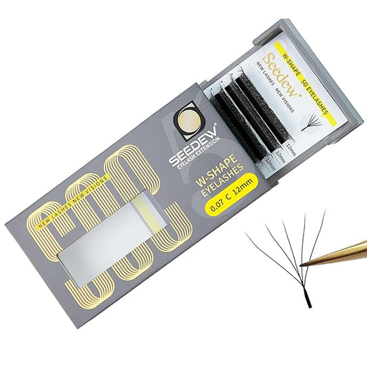 SEEDEW 5D Lash Extensions, 0.07mm C Curl 12mm 12 Rows/Tray, W Shape Flat Stem, Korean PBT Volume False Eyelashes Grafting for Beginner Artist, Lash Tech, Beauty Salon(5D-Matte Black-0.07-C-12mm)