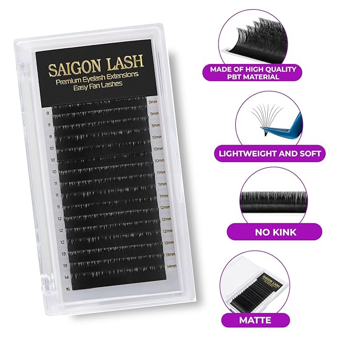 SAIGON LASH Easy Fan Eyelash Extensions, Volume Lash Tray for Lash Techs, C/CC/D Curl, 0.03/0.05/0.07mm Thickness, 8-15mm Mixed Lengths, 16 Rows, Soft PBT Material, Black (CC-0.05)