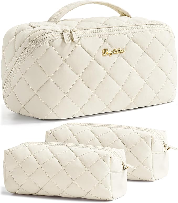 Travel Makeup Bag, 3 Pcs Large Capacity Puffy Toiletry Bag for Women, Open Flat Make up Cosmetic Organizer w/Handle & Clear Divider Water-resistant Portable Pouch Travel Essentials, L-Cream White