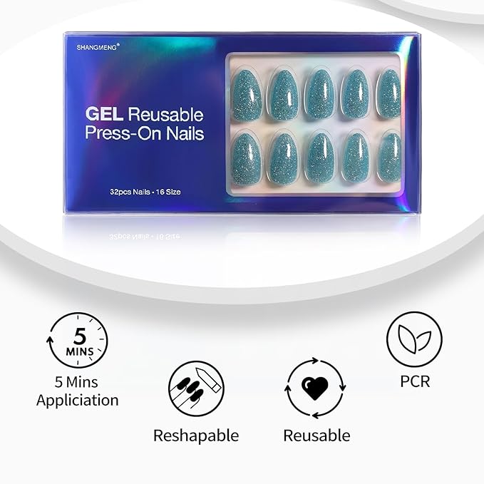SHANGMENG Glitter Peacock Blue Press on Nails Almond Short with Sparkling Diamond - Soft Gel Fake Nails for Women Gift, Glossy Stick On Nails with Glue in 16 Sizes - 32 Reusable Nails, Peacock Blue