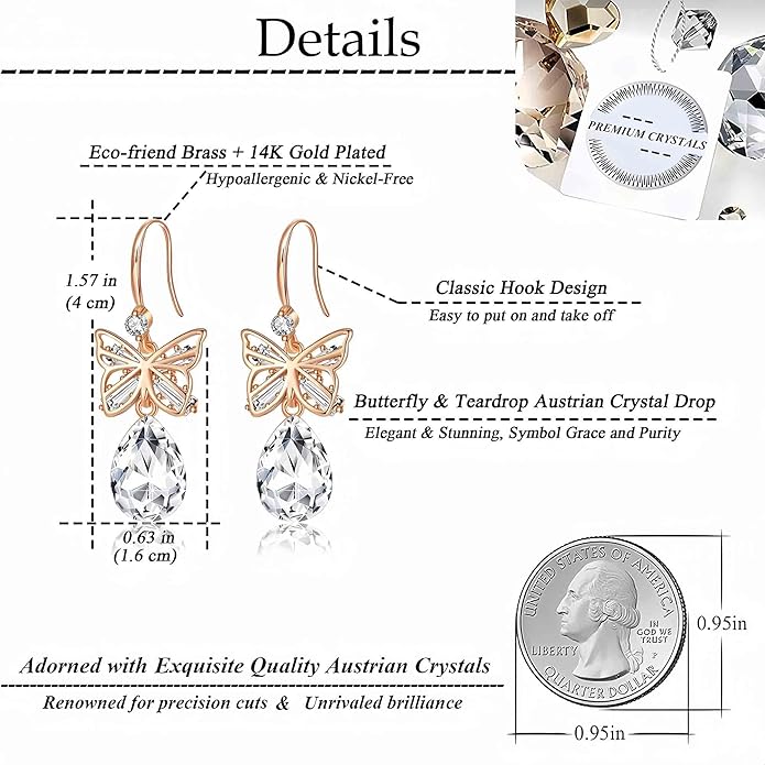 Austrian Crystal Teardrop Butterfly Drop Dangle Earrings for Women 14K Rose Gold Plated Hypoallergenic Jewelry
