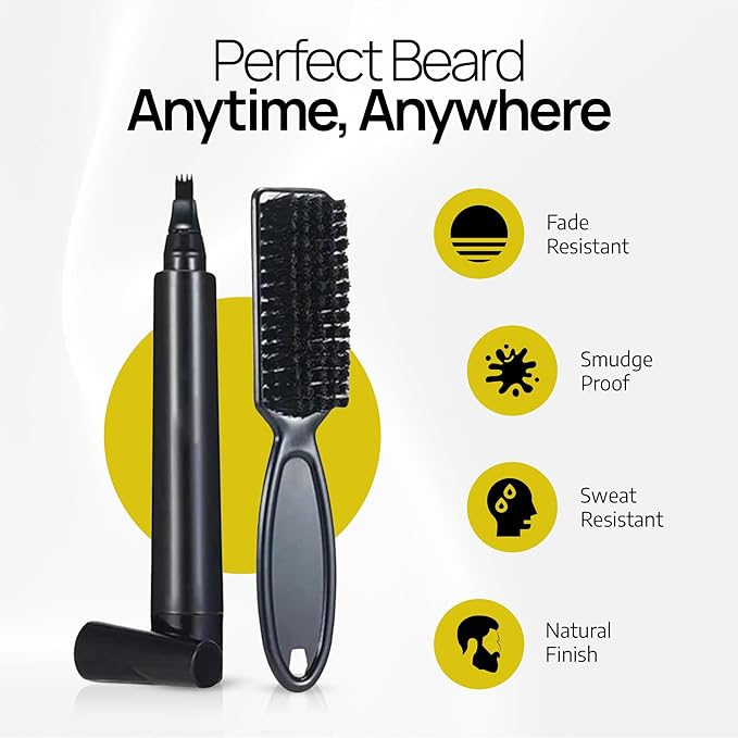 SELZALOT Beard Filler Pen (4-Tip) - Black Beard Pencil Filler for Men Waterproof Patchy Beard Solution - Beard Filler Kit Long Lasting Beard Filling Pen with Brush