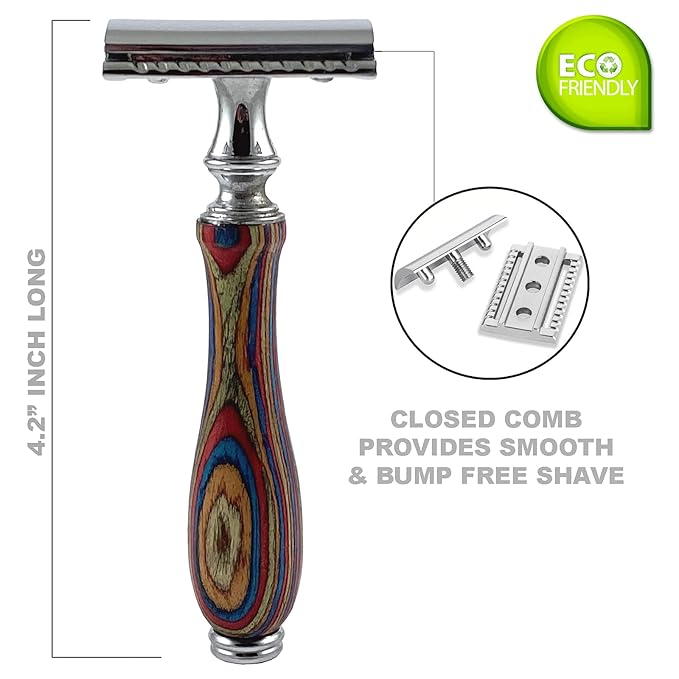 Krisp Shave Long Wood Handle Safety Razor for Men Women - Double Edge Manual Razor - Fits All Double Edge Razor Blade - Comes With 5 Shaving Blades, Multi Color, 4.2 inch long