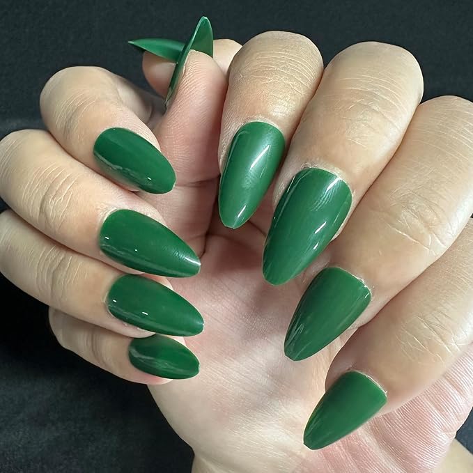 JONKASIPA Press On Nails (Short) - Dark Green Press-On Nails, French Oval False Nails with Nail Glue, Reusable Stick-On Nails, 24 Pcs Nail Set