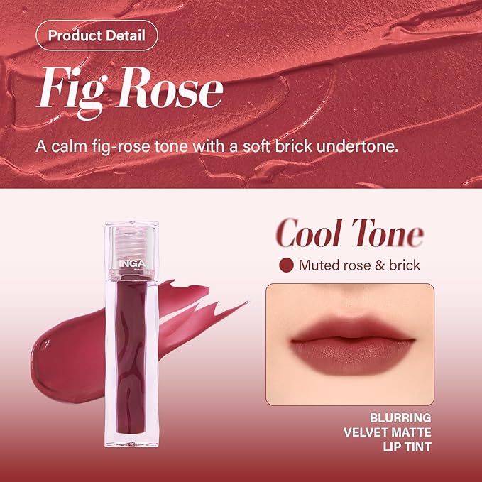 INGA Blurring Velvet Matte Lip Tint - Soft-Blur Matte Finish, Waterproof, Transfer-Proof, Long-Lasting Lip Stain, Lightweight Buildable Color with Hydrating Comfort (FIG ROSE)
