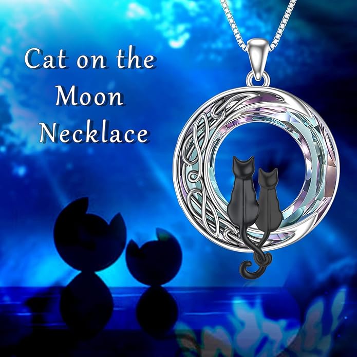 TOUPOP Cat Gifts for Cat Lovers One Two Three Four Cats Necklace Sterling Silver Cats on the Moon Pendant Necklace with Blue Circle Crystal Birthday Christmas Celtic Jewelry Gifts for Women
