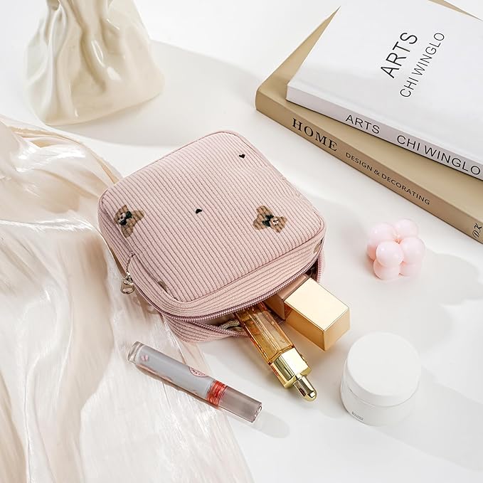 uekeboag Cute Small Corduroy Zipper Makeup Bag, Mini Coquette Aesthetic Pouch with Bear Pattern for for Purse,Key Pocket Lipstick Bag Card Holder Data Cable Organizer for Women Girls (05Great Bear)