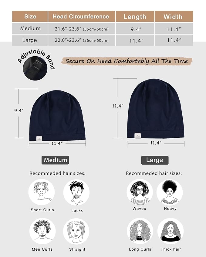 YANIBEST Silk Satin Bonnet Hair Wrap for Sleeping, Adjustable Slouchy Beanie for Women, Silk Lined for Curly Hair and Braids, Nave Blue