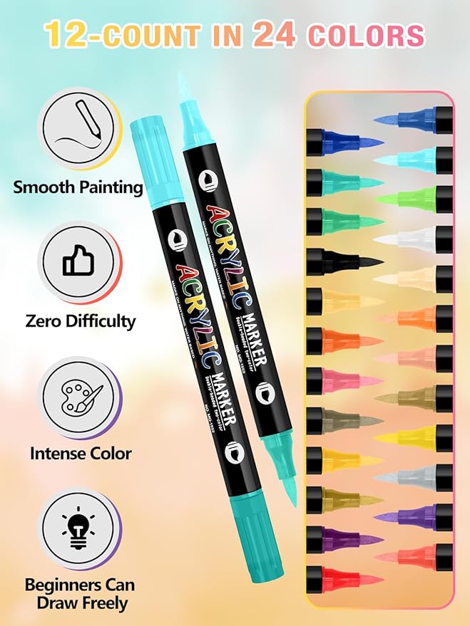 EBANKU 24 Color Nail Art Pens Set 3D Acrylic Paint Nail Art Quick-Drying Nail Point Dotting Liner Pen Sets for Home & Salon Nail DIY, 12 Count Double Headed Nail Pens