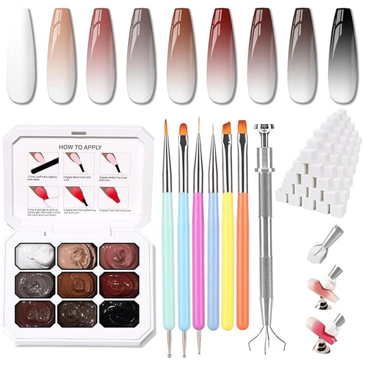 Karroy Christmas Gel Polish, 9 Colors Ombre Patting Gel Nail Polish Palette, 100 Sponges 6 Brushes 1Grabber, Blending Color Gradient Painting Nails Art, No Wipe, UV/LED Cured (Set 06)