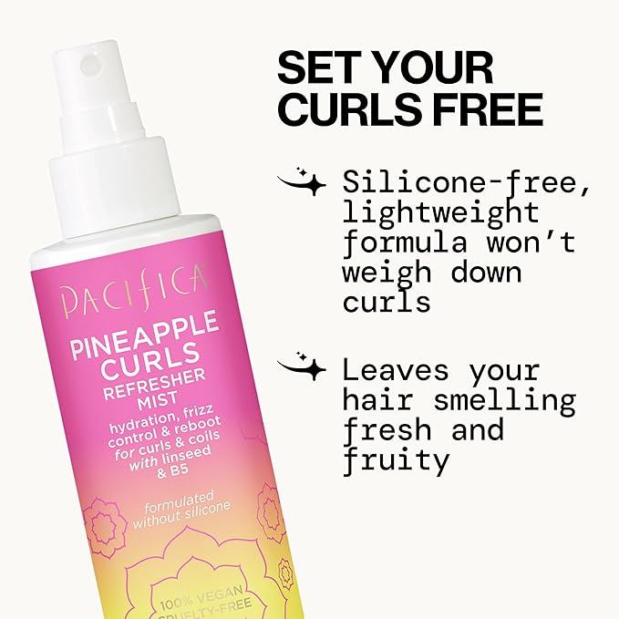 Pacifica Pineapple Curls Refresher Mist - Curl Refresher Spray, with Hyaluronic Acid, Vitamin B5 and Plant Oils, Vegan and Dermatologist Tested Curly Hair Products and Wavy Hair Products - 4 Fl Oz