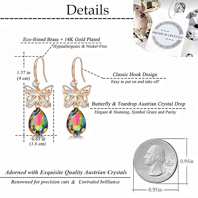 Austrian Crystal Teardrop Butterfly Drop Dangle Earrings for Women 14K Rose Gold Plated Hypoallergenic Jewelry