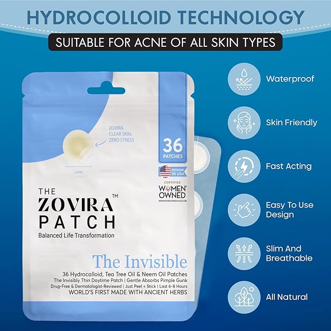 Zovira Invisible Patch-Daytime Niacinamide, Salicylic Acid, Tea Tree and Neem Oil Acne Pimple Patch (36ct) Suitable For Sensitive Skin-Tapered Edges Blends Into All Skin Tones Reduce Redness in 15 Min