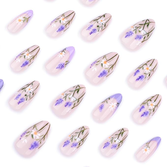 XZMeiLun Press On Nails Spring Summer Acrylic Nails for Women - Lavender Designer Fake Nails Short Almond 24PCS, Glossy Soft Gel with Glue, Outdoor Picnic/Wedding/Party Reusable Stick On Nails Gift