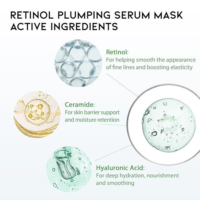 Rejuvenating Retinol Sheet Mask Korean Vegan Wrinkle Lifting, Plumping and Moisturizing Sheet Mask, Retinol, Ceramide, Hyaluronate 10EA
