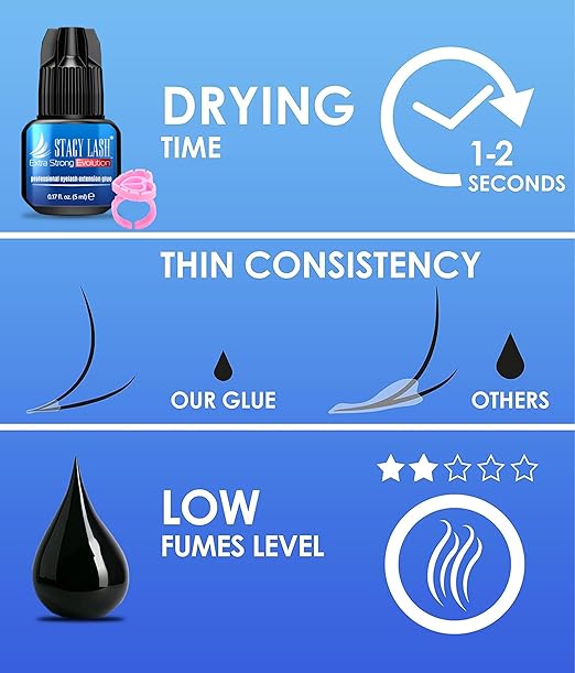 STACY LASH Extra Strong Evolution Eyelash Extension Glue (0.17fl.oz / 5ml) / 0.5-1 Sec Dry/Retention – 8 Weeks/Professional Black Adhesive/Lash Tech Supplies + Glue Ring