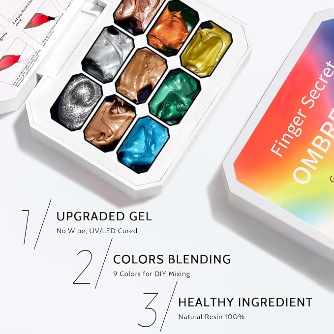 Karroy Chrome Metallic Gel Polish, Ombre Nails Colors Palette, Gold Silver Effect 3D Metal Painting Gel Nail Art Reflective Glitter Holographic Liner Sparkling No Wipe UV LED Cured (9 Colors M)