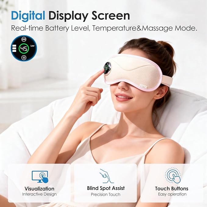 Heated Eye Mask with Massager, 3D Contoured Light-Blocking Sleep Mask for Dry Eyes, LED Display & 3-Level Heat/Vibration Modes,Gift for Men & Women, Ideal for Home, Office & Travel Use (Pink)