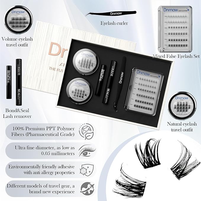 Luxury Lash Clusters Kit - Wispy & Fluffy Cluster Eyelash Extensions 8-16mm, 150H Wear | Korean Hypoallergenic PBT Fibers, Waterproof Glue & Seal | Gift Ready Premium Box (Mix-sliver box)
