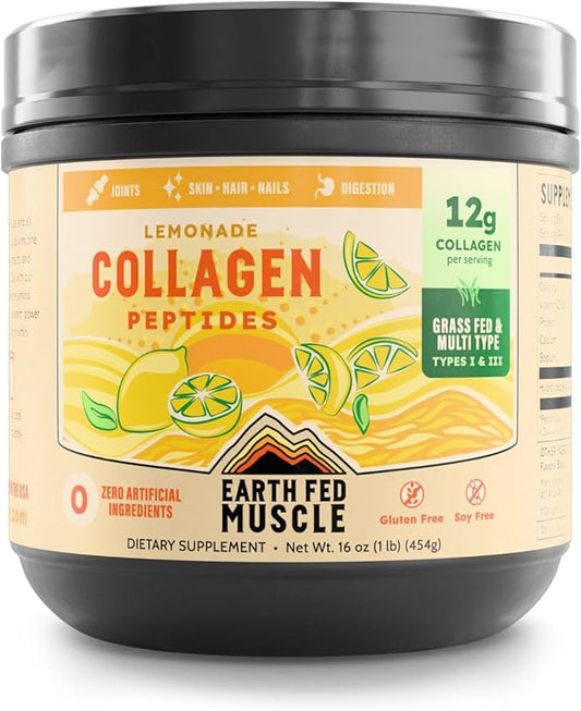 Earth Fed Muscle Lemonade Collagen Powder – Grass Fed Hydrolyzed Collagen for Women & Men - Healthy Bones, Skin & Hair - Types 1 & 3 Collagen Powder, 12g Per Serving, 33 Servings