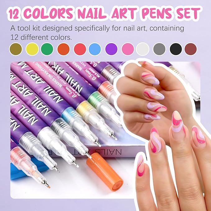 MKNZOME 12 Color Nail Art Pens for Painting Nails, 0.5 MM Nail Polish Pens Drawing Point Liner Painted Pen Kit, Waterproof Quick-drying for DIY Nails Art Design Manicure Tools