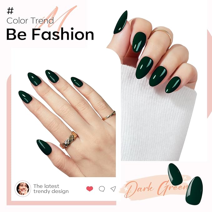 Modelones Dark Green Press on Nails Almond, Short Almond Fake Nails, Reusable Nail Kit with Nail Glue Adhesive Tabs Mini Nail File, Nails Press Ons 32Pcs 16 Sizes