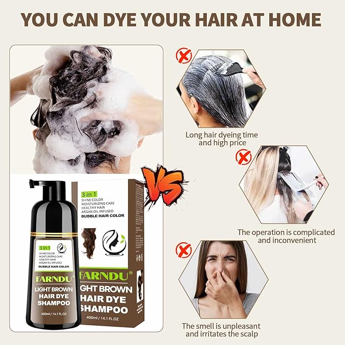 Farndu Light Brown Hair Dye Shampoo, 3 in 1 Instant Hair Color with 15 Min Gray Coverage, Natural Semi-Permanent Herbal Shampoo for Men & Women
