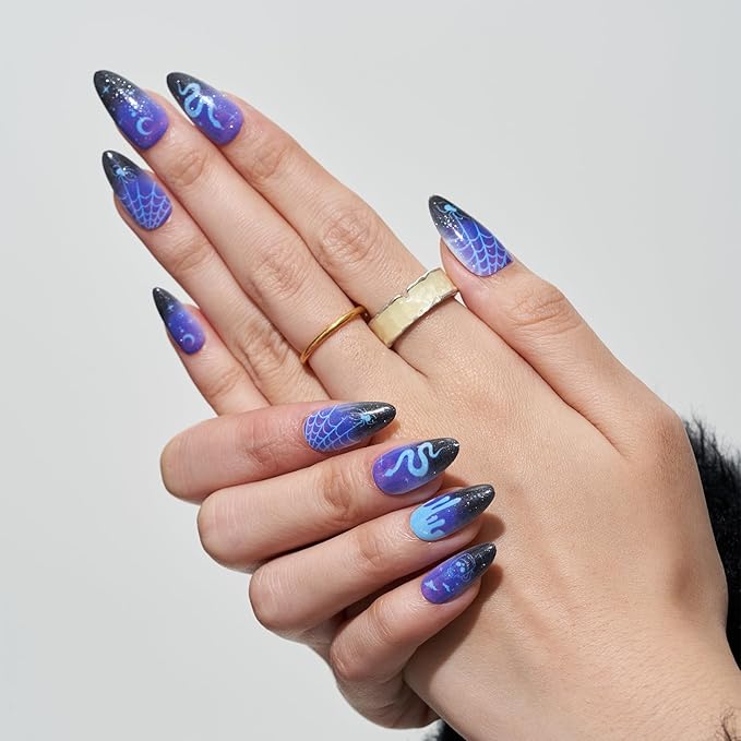 GLAMERMAID Press on Nails Medium Almond, Winter Gothic Black Blue Ombre Snake Gel Glue on Nail, Glossy Short Stiletto Reusable UV Finish Emo Fake Nails, Acrylic False Nails Manicure Kits for Women