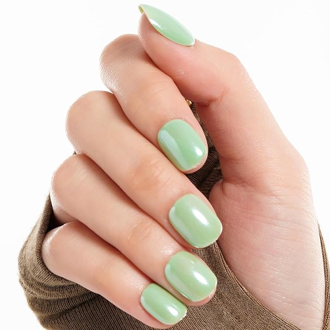 GLAMERMAID Light Green Extra Short Press on Nails, Chrome Fake Nails Short Squoval, Glazed Handmade Soft Jelly Gel Square Glue on Nails, Pure Green Acrylic False Nail, Glossy Round Fake Nail for Women