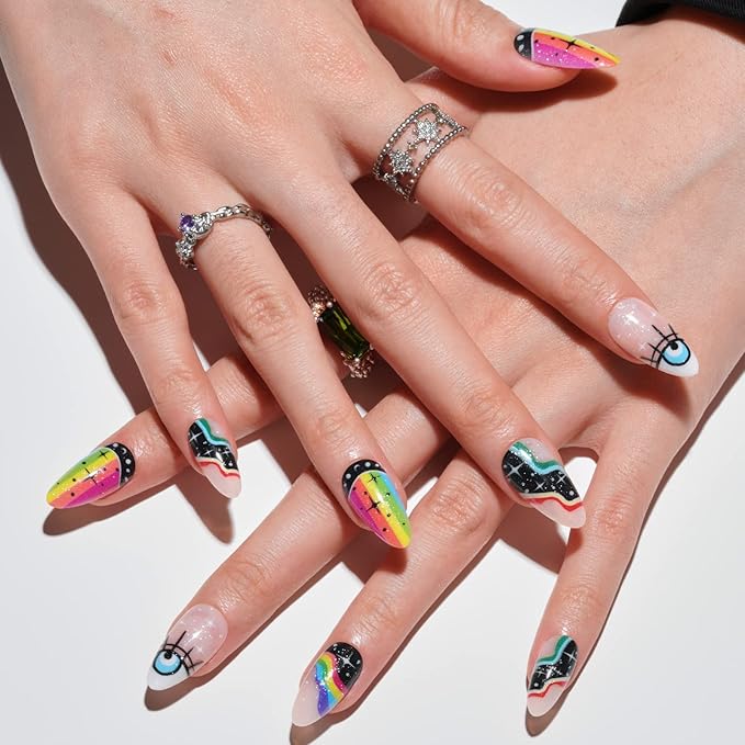 GLAMERMAID Press on Nails Medium Almond, Spring Gothic Black with Rainbow Galaxy Gel Glue on Nail, 24Pcs Glossy Short Stiletto Reusable UV Finish Fake Nails Acrylic False Nails Manicure Kits for Women